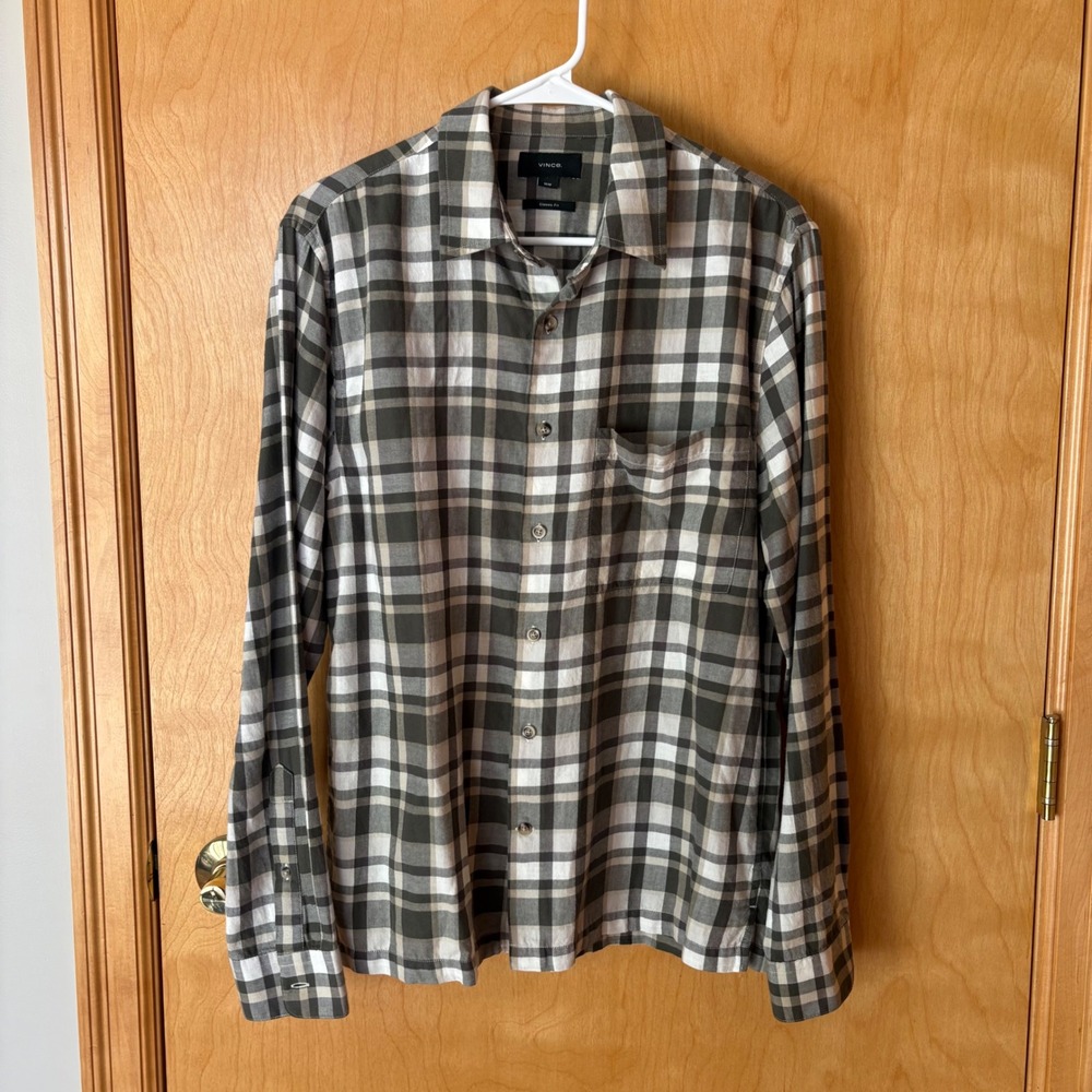 Vince Button Down Shirt Mens Medium Grey White Plaid Long Sleeve Classic Fit